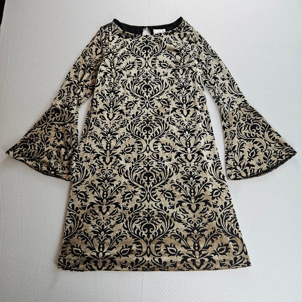 ECI New York Gold Damask Velvet Burnout Bell Sleeve Shift Dress M Old Money